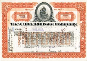 Cuba Railroad Co. - 1900's-40's dated Cuban Railway Stock Certificate