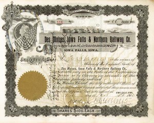 Des Moines, Iowa Falls and Northern Railway - Stock Certificate