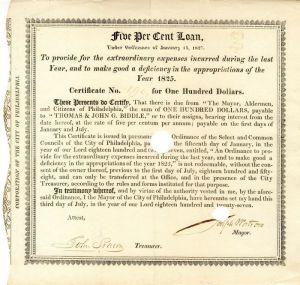 City of Philadelphia $100 Bond - Very Rare