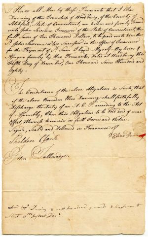 Town of Woodbury $10,000 Bond dated 1780 - County of Litchfield - Owed to State of Connecticut