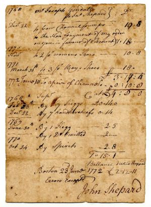 Invoice for Goods Received dated 1768 until June 23, 1772 - Signed by John Shepard - Boston, Massachusetts