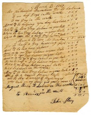 List of hours of Labour - Document dated 1787 - Beverly, Massachusetts