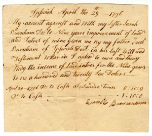 Improvement of Land - 1796 dated Ipswich, Massachusetts Document - Americana
