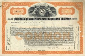 Columbia Graphophone Manufacturing Co. - 1922 dated Orange Stock Certificate - Very Rare Type