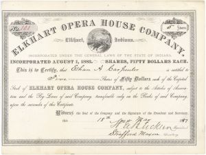 Elkhart Opera House Co. - Stock Certificate (Uncanceled) - Entertainment
