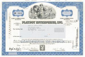 Playboy Enterprises, Inc. - 1990 dated Adult Entertainment Stock Certificate