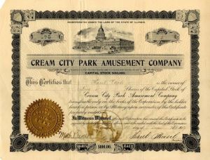 Cream City Park Amusement Co. - 1907 dated Stock Certificate - Entertainment