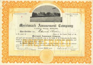 Merrimack Amusement Co. - 1921 dated Entertainment Stock Certificate - Printed Photograph Vignette