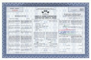 Cineplex Odeon Corp. - Entertainment Stock Certificate