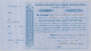 Oakes Ames - Easton Branch Railroad - Stock Certificate