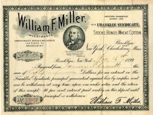 William F. Miller Investments Interest Receipt - 1899 dated Stock Certificate