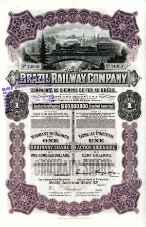 Brazil Railway Co. - Railroad Stock Certificate with Dividend Coupons Attached - Foreign Bond
