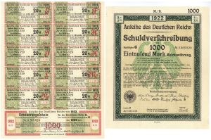 Anleihe des Deutfchen Reichs Schuldverfchreibung - 1922 dated 1,000 German Mark Bond (Uncanceled)