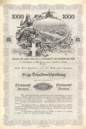 1908 dated Austrian Kronen Bond - 1000 Kronen Gray Type