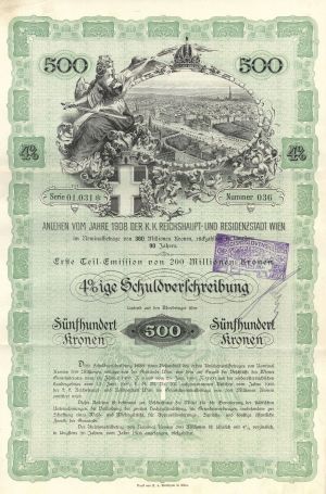 1908 dated Austrian Kronen Bond - 500 Kronen Green Type
