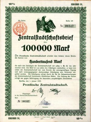 Zentralstadtschaft - 100,000 Mark Uncanceled Bond