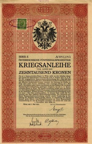 Osterreichische Funfeinhalbprozentige Kriegsanleihe - 10,000 Kronen Bond dated 1915