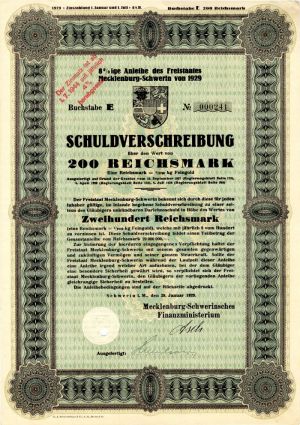 Anleihe des Freistaates Mecklenburg-Schwerin 200 Reichsmark - German Bond