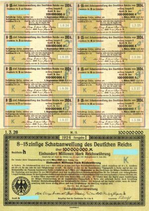 Schatzanweifung des Deutfchen Reichs dated 1924 - 100,000,000 German Marks Bond