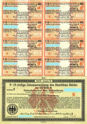 Schatzanweifung des Deutfchen Reichs dated 1923 - 100,000 German Marks Bond