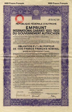International Garanti 1933-1953 - 1,000 Francs Bond