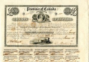 Province of Canada - Great Western Railroad Co. - 1853 dated £100 Railway Bond