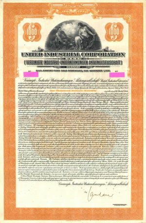 United Industrial Corp. 6.5% Uncancelled $1,000US Gold Bond of 1926 with PASS-CO AUTHENTICATION (Uncanceled)