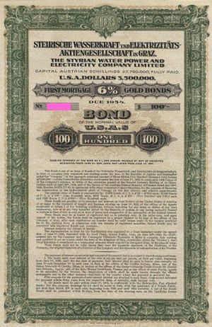 Styrian Water Power and Electricity Co 6% Uncancelled $100US Gold Bond of 1929 with PASS-CO AUTHENTICATION (Uncanceled)