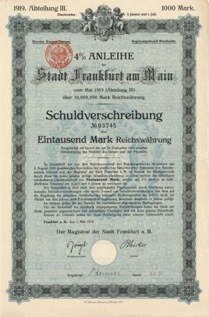Anleihe der Stadt Frankfurt am Main - 500 or 1,000 Marks Bond
