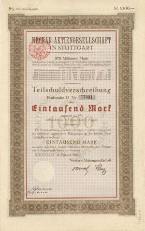 Neckar-Aktiengesellschaft- 1,000 or 5,000 Marks Bond (Uncanceled)