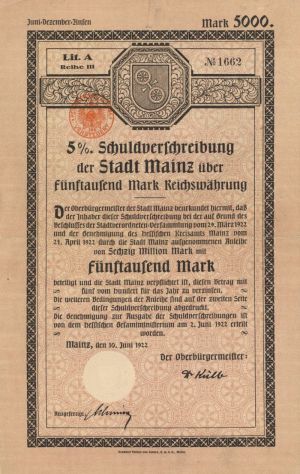 Schuldverfchreibung der Stadt Mainz- 5,000 Mark Bond
