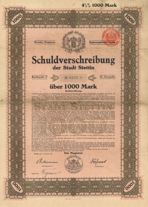 Schuldverchreibung der Stadt Stettin- 1,000 Mark Bond