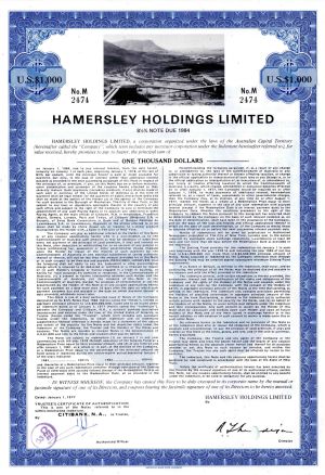 Hamersley Holdings Limited - 1977 dated $1000 Australian Mining Bond - Australia