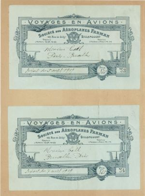 1919 dated Pair of Farman Airline Tickets - Société Générale des Transports Aériens
