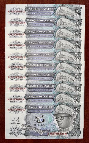 Zaire - 5 Nouveaux Makuta - P-48 - Group of 10 Notes - 1993 dated Foreign Paper Money