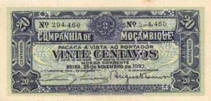 Mozambique - 20 Centauos - P-R29 - 1933 dated Foreign Paper Money
