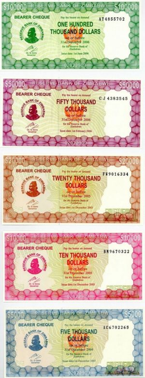 Zimbabwe P-21, 22, 23, 30 & 32 - 5000, 10000, 20000, 50000 and 100,000 Zimbabwean Dollars - Foreign Paper Money