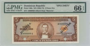 Dominican Republic - 5 Pesos Oro - P-100s - "Specimen" Foreign Paper Money