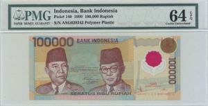 Indonesia, Bank Indonesia - 100,000 Rupiah - P-140 - PMG 64CU - 1999 dated Foreign Paper Money