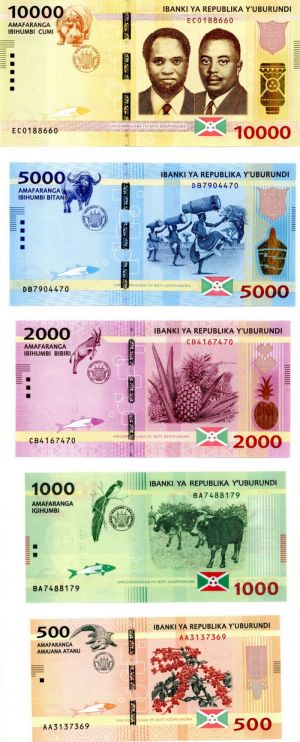 Burundi - Set of 5 Francs, Different Colorful Notes - P-New - 15.1.2015 Dated Foreign Paper Money