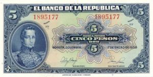 Colombia - 5 Colombian Pesos - P-386 - 1950 dated Foreign Paper Money