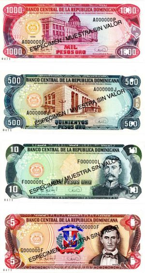 Dominican Republic - Set of 4 (5,10,500,1000 Pesos Oro) - P-152s1, 153s1, 157s1 and P-158s1 - 1996 dated Foreign Paper Money