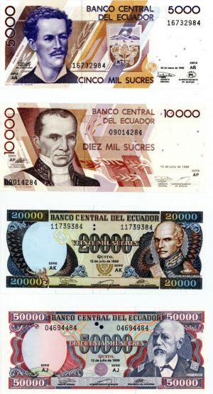 Ecuador - Set of 4 High denomination Sucras - P-127-130 - 1999 dated Foreign Paper Money