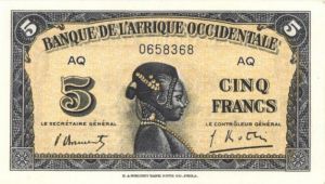 French West Africa - 5 Francs - P-28b - 1942-1943 dated Foreign Paper Money - Very Fine Condtion