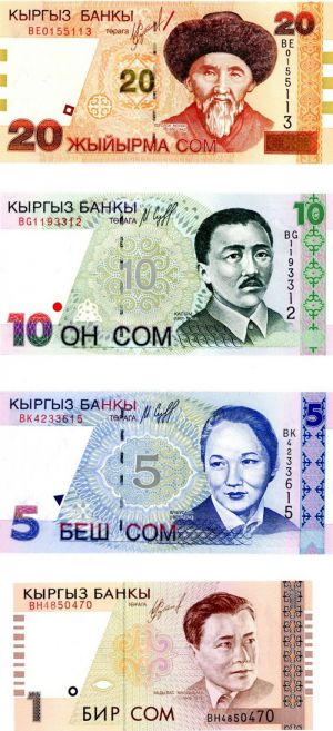 Kyrgyzstan - 1,5,10,20 Som -  P-9, 13, 15, 19 - 1994-2002 dated Foreign Paper Money