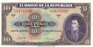 Colombia - 10 Colombian Pesos Oro - P-389d - 1949 dated Foreign Paper Money