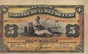 Cuba - 5 Pesos - P-48b -  1896 dated Foreign Paper Money