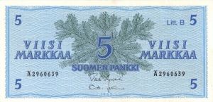 Finland - 5 Finnish Markkaas - P-106A - 1963 dated Foreign Paper Money