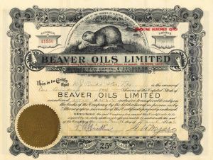 Beaver Oils Limited - Beaver Vignette Stock Certificate - Canada
