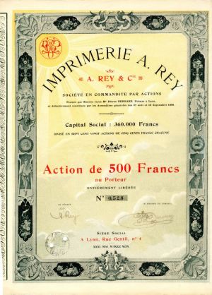 Imprimerie A. Rey - Stock Certificate